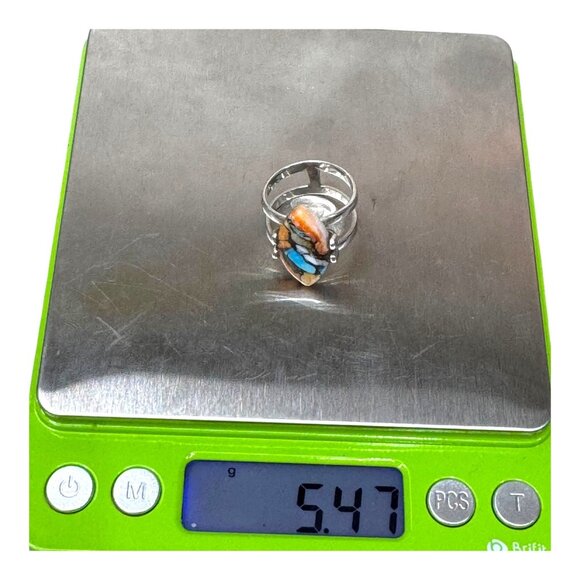 Southwestern Sterling Silver Marquise Inlay Ring Turquoise Spiny Oyster Shells 7 - Picture 9 of 9